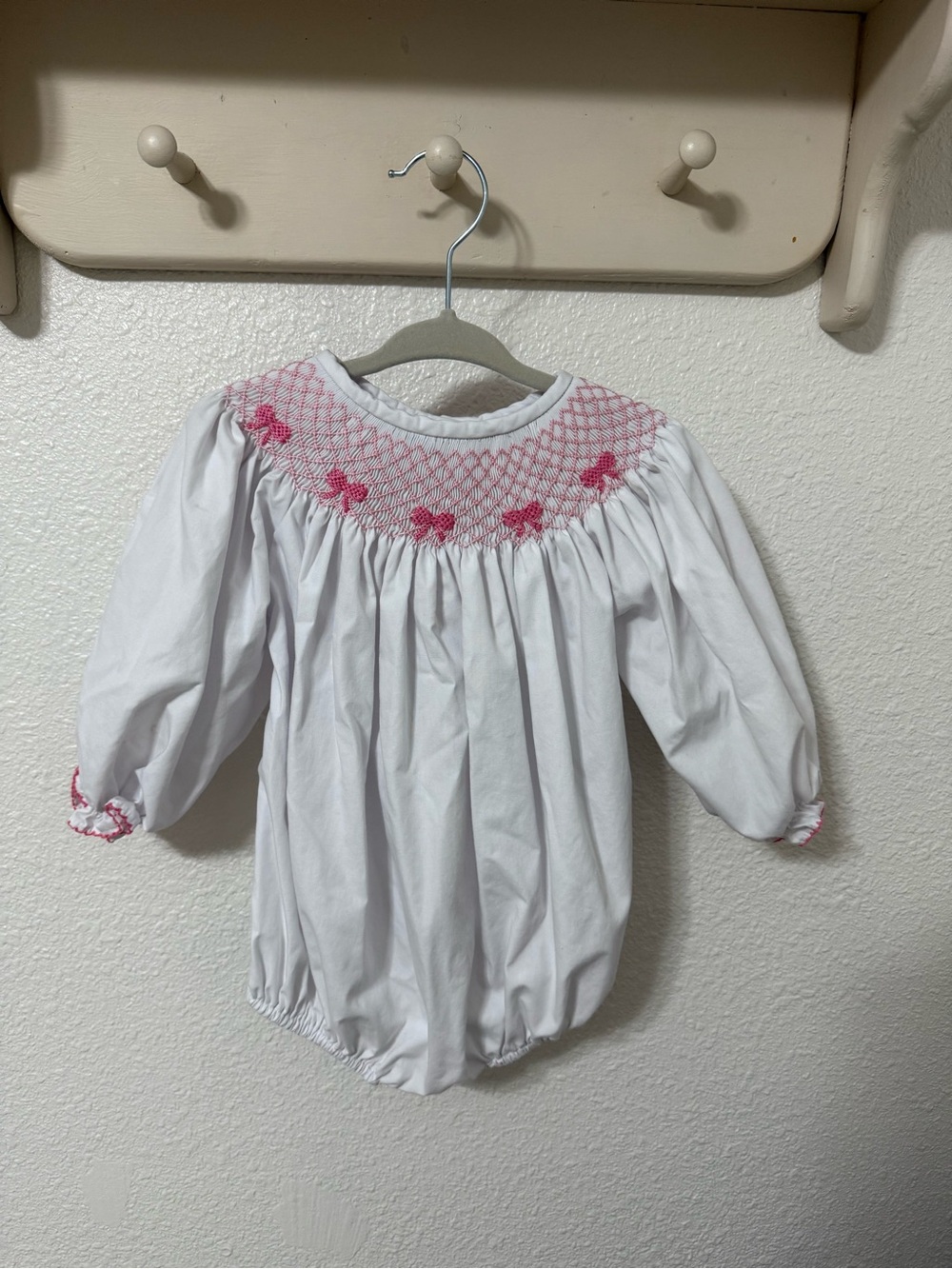 Smocked Flamingo White Bubble with Pink Smocked Bows